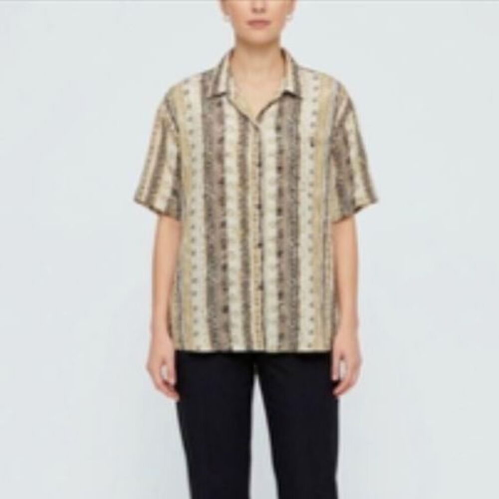 Cote De France Womens Earth Tone Tribal 100% Silk SS VTG Button-Up Shirt Sz 2X